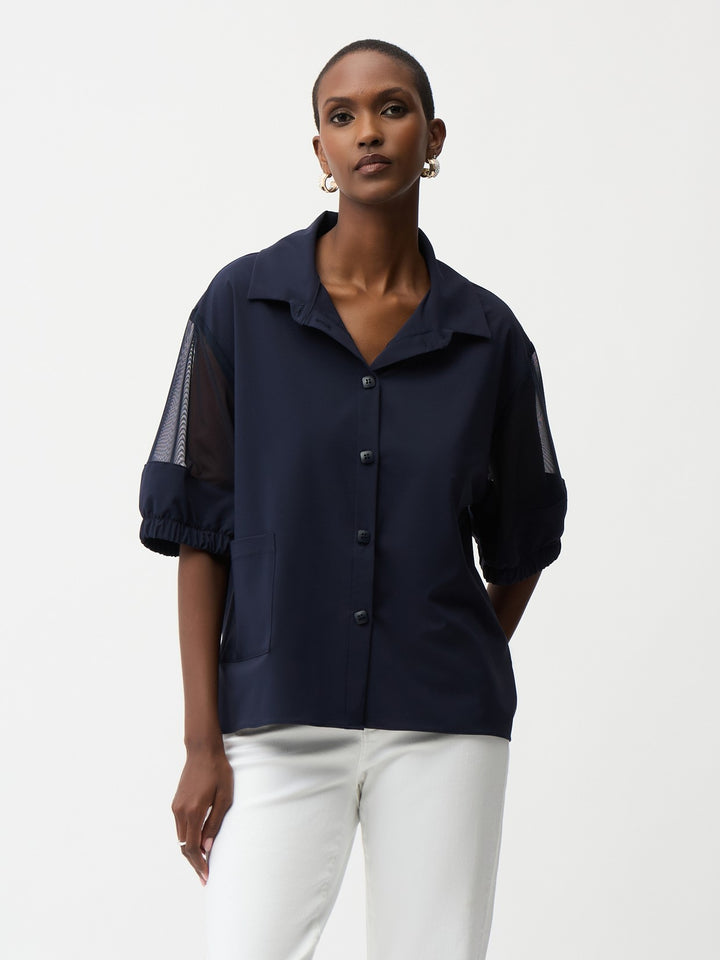 Stretch Poplin Mesh Detail Midnight Blouse
