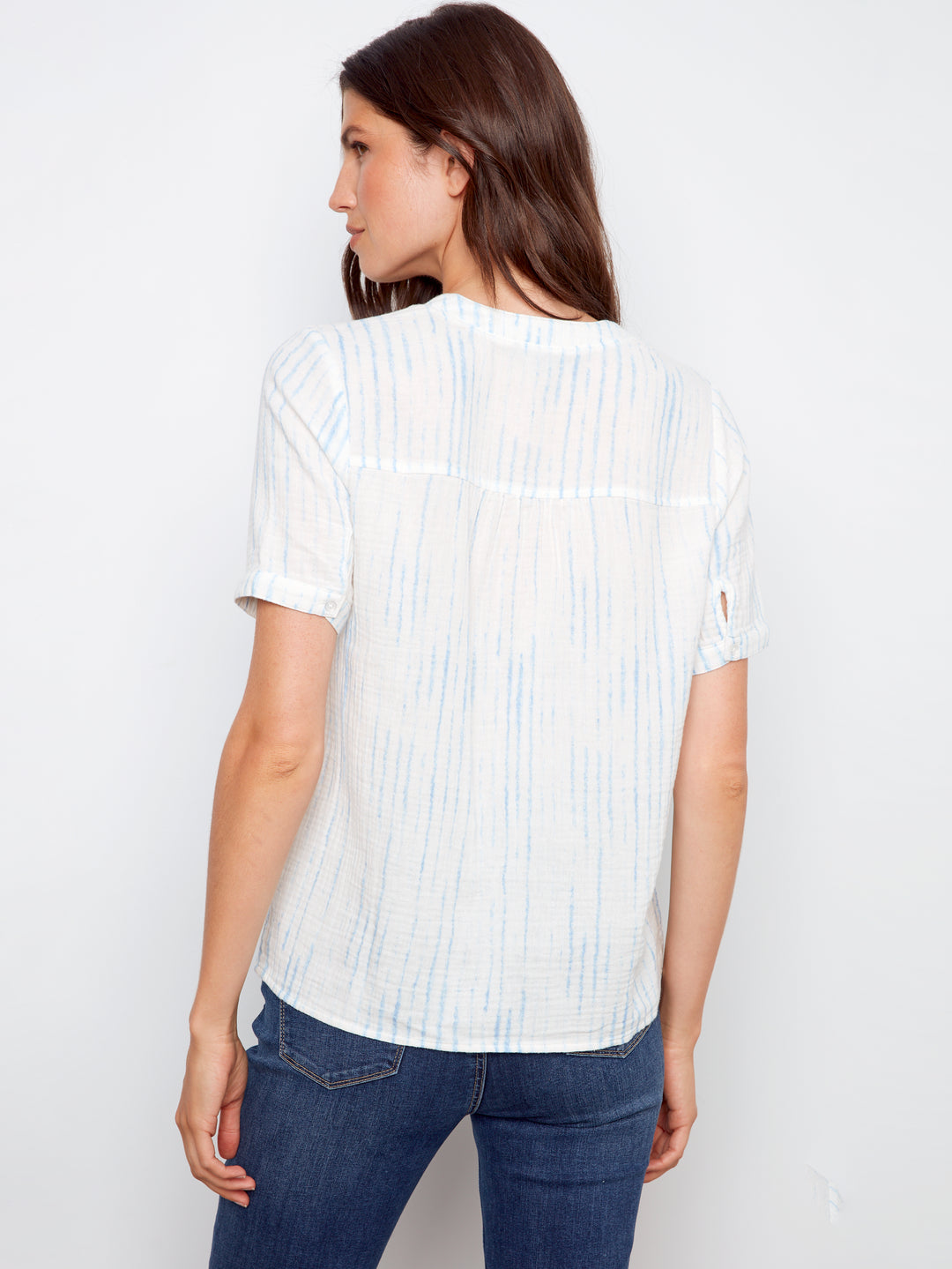 Stripes Print Split Neck Bubble Cotton Blouse