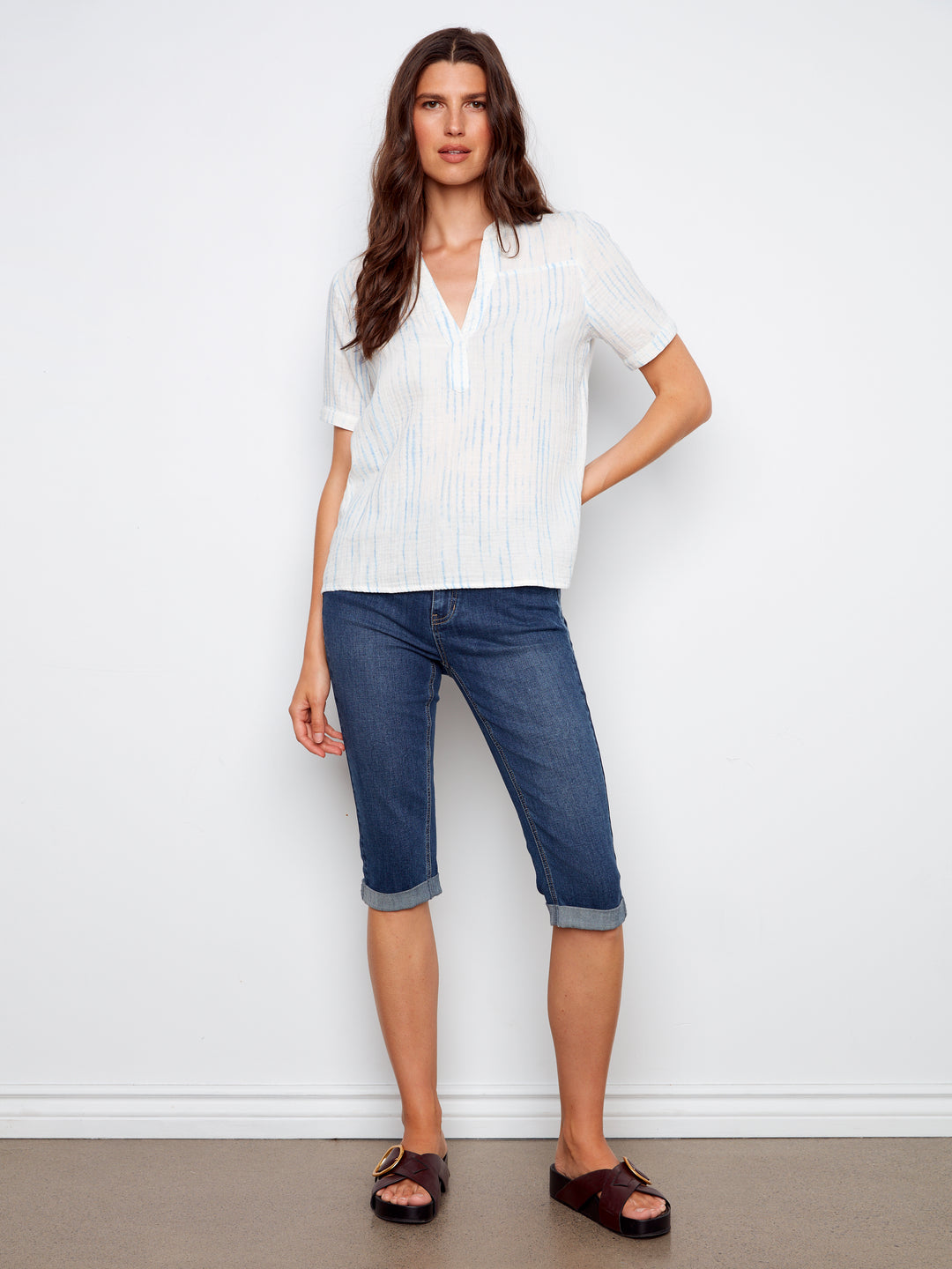 Stripes Print Split Neck Bubble Cotton Blouse