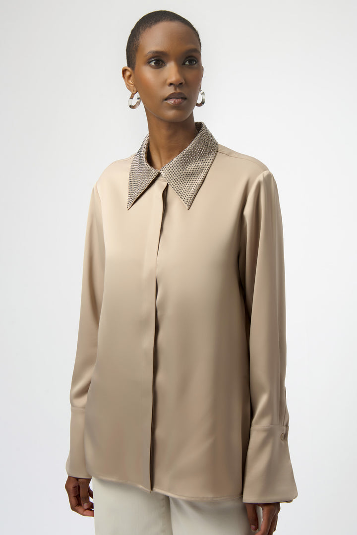 Stud Embellished Fawn Satin Blouse
