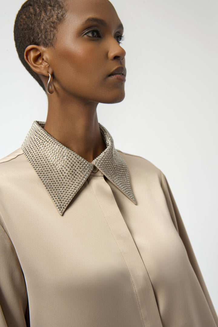 Stud Embellished Fawn Satin Blouse