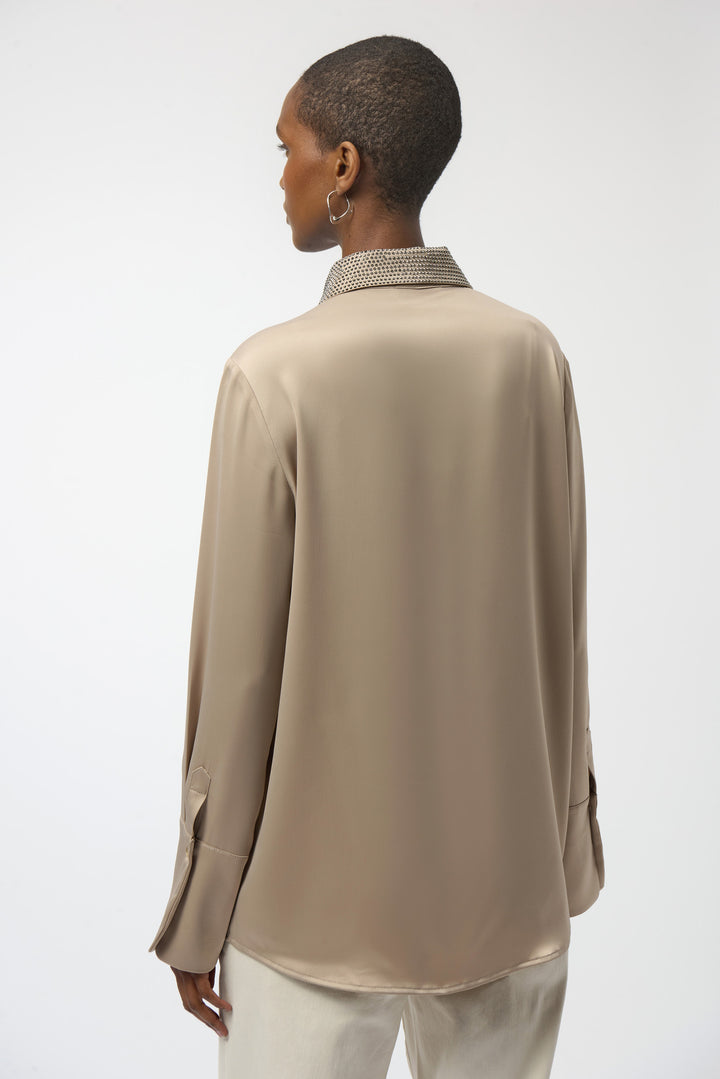 Stud Embellished Fawn Satin Blouse