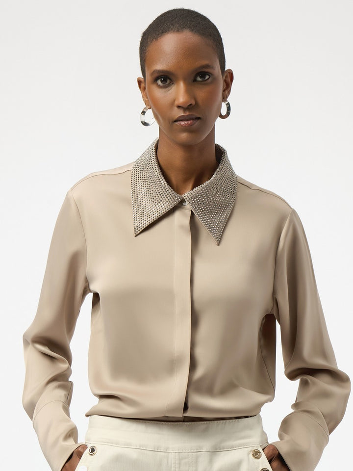 Stud Embellished Fawn Satin Blouse