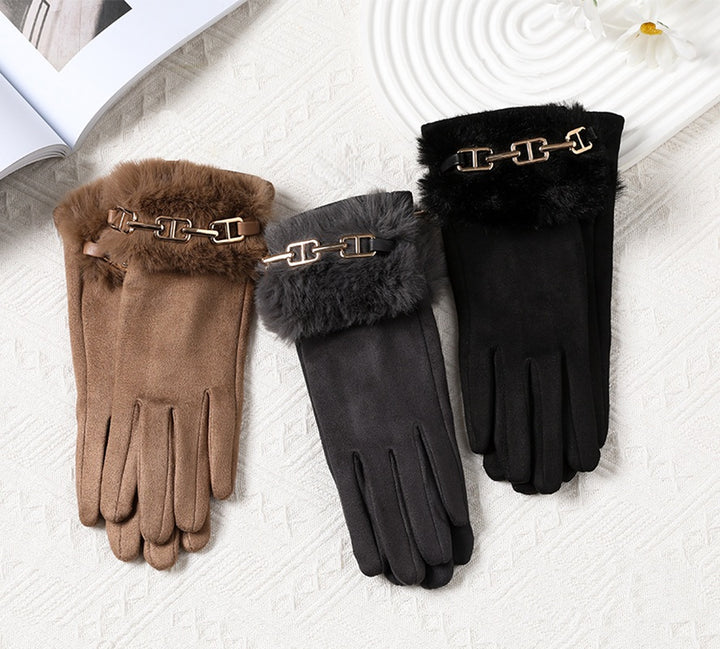 Sueded Gloves with Chain & Faux Fur Trim