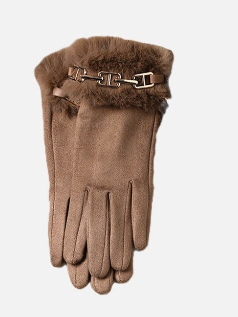 Sueded Gloves with Chain & Faux Fur Trim