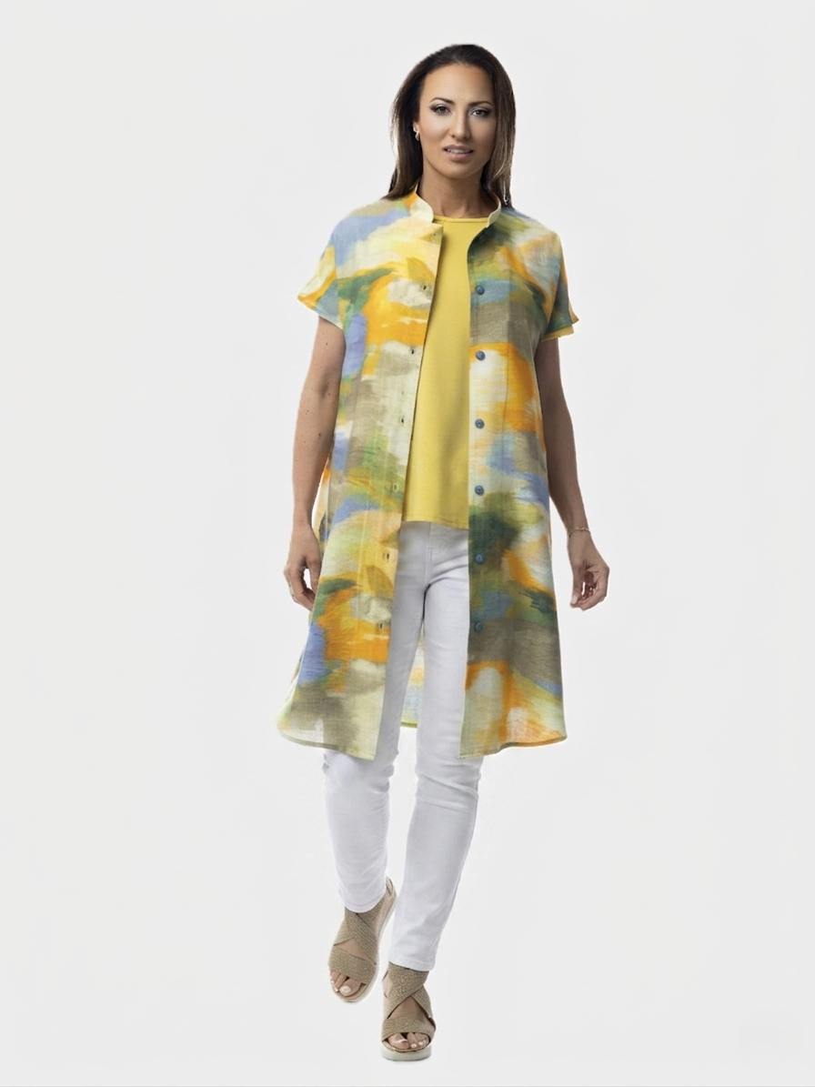 Sunset Coast Print Mandarin Collar Duster Dress