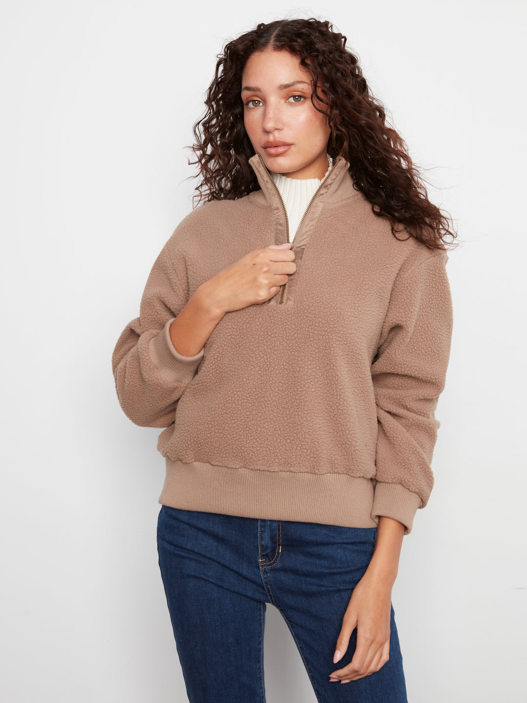 Taupe Half Zip Sherpa Fleece Pullover