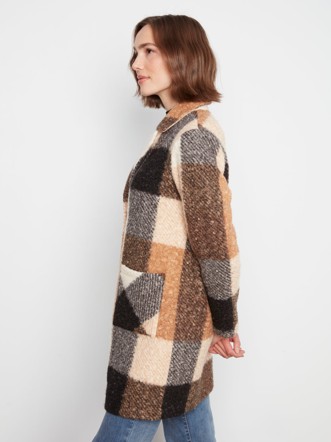 Taupe Plaid Boucle Coat