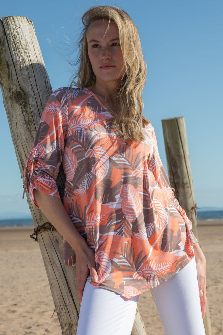 Taupe and Orange Leaf Print Asymmetrical Top