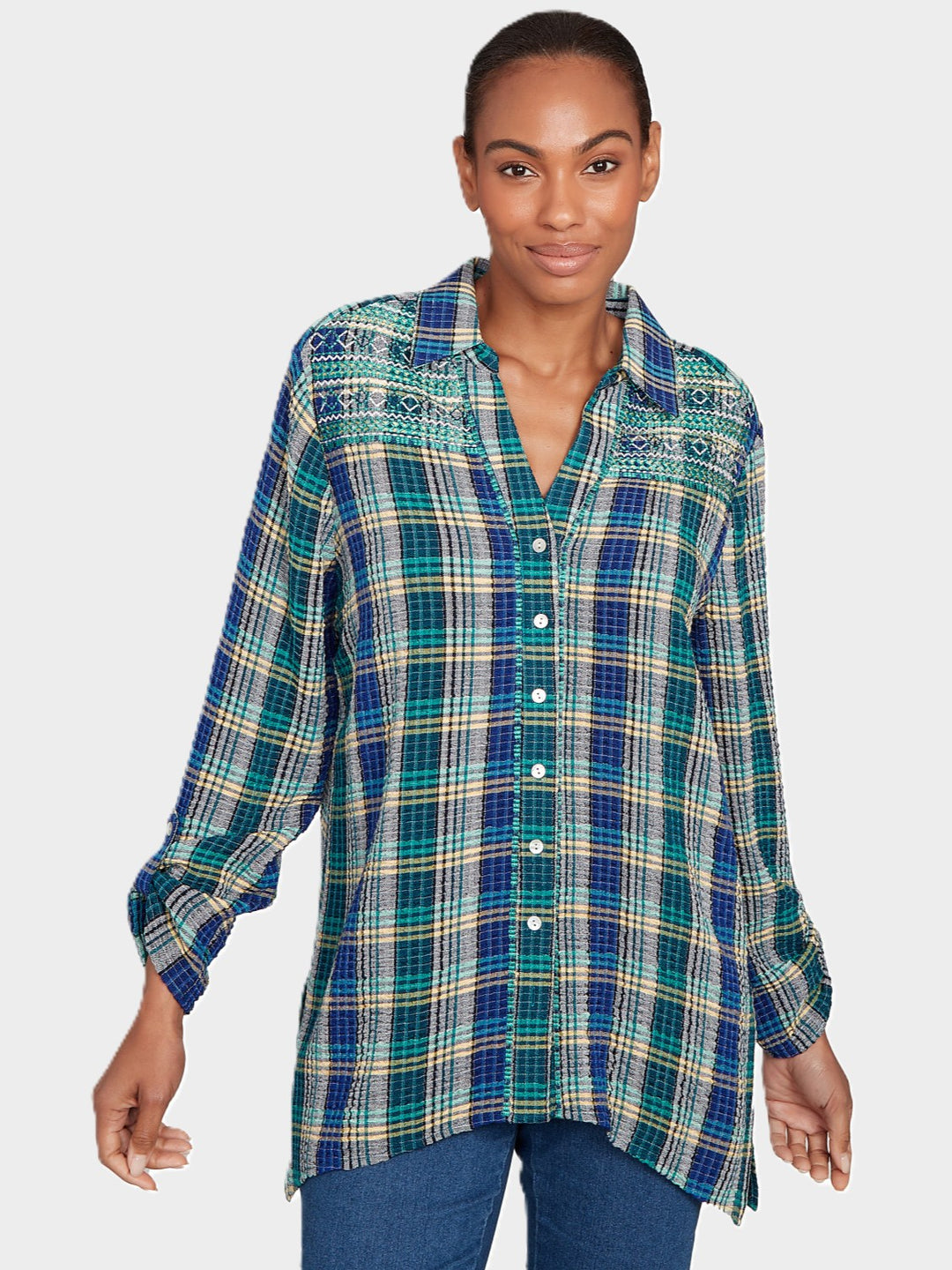Teal Crinkle Plaid Embroidered Shirt