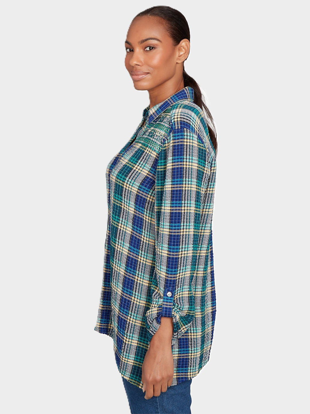 Teal Crinkle Plaid Embroidered Shirt