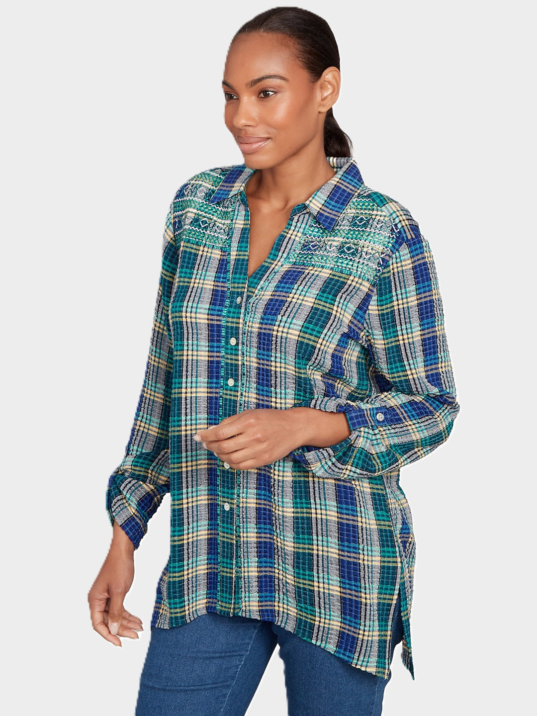 Teal Crinkle Plaid Embroidered Shirt