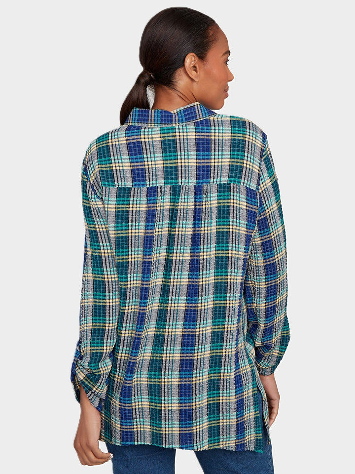 Teal Crinkle Plaid Embroidered Shirt
