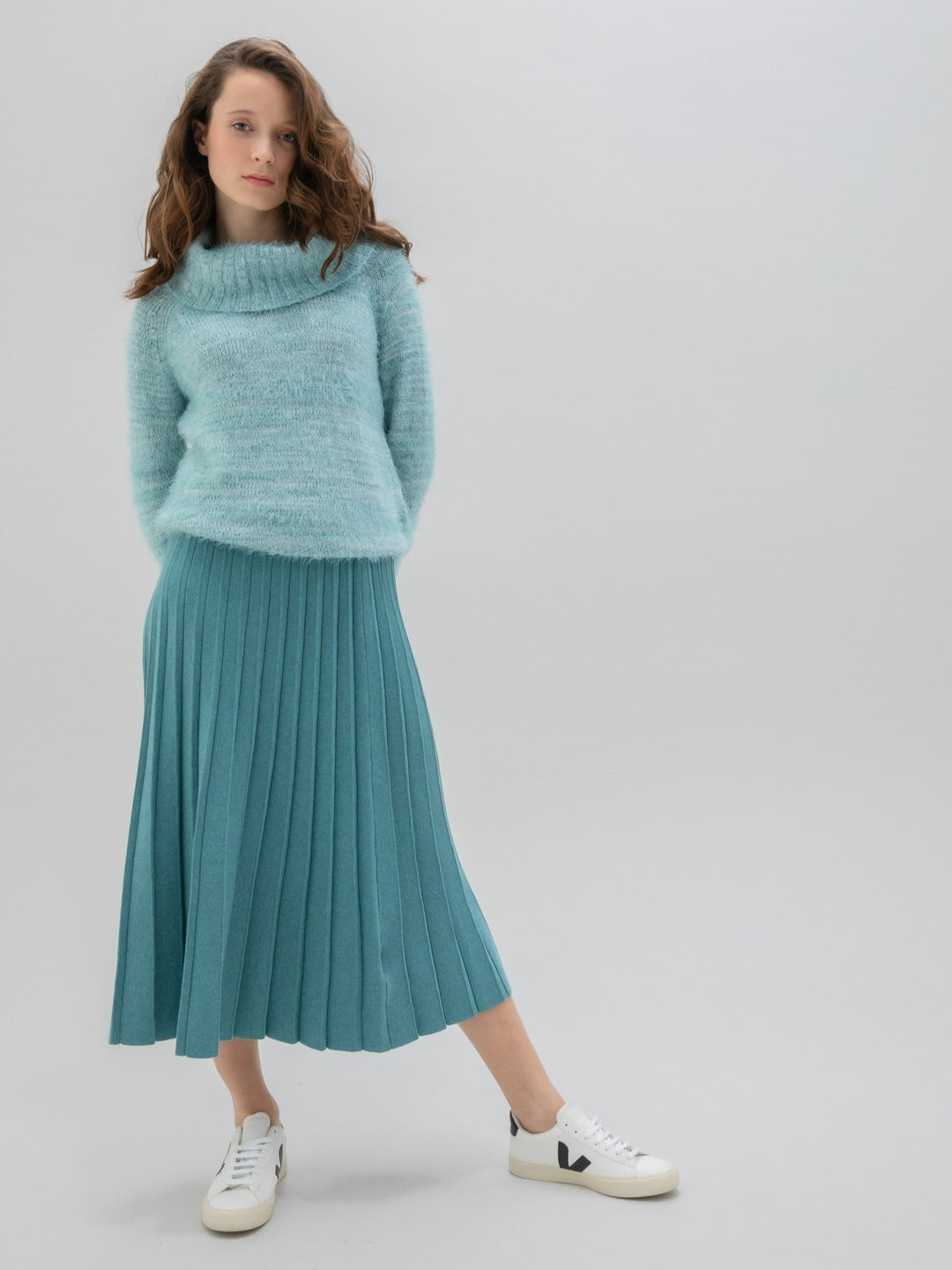 Teal Eyelash Wide Cowl Neck Sweater