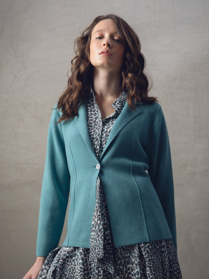 Teal One Button Knit Blazer