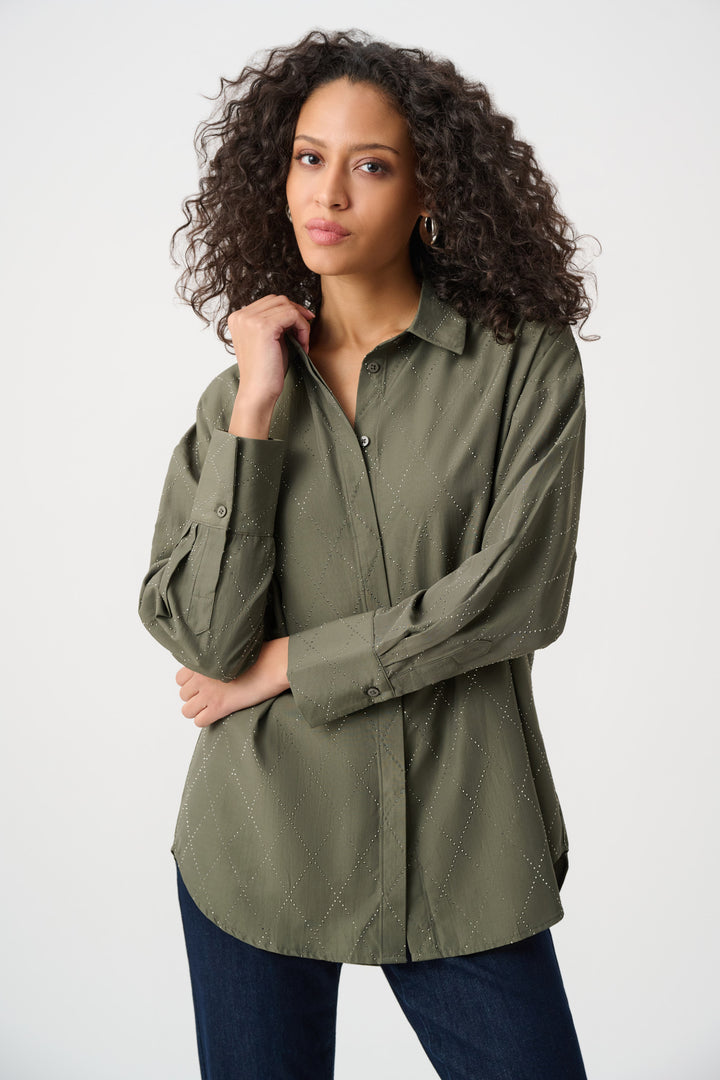 Tencel Boxy Blouse with All-Over Rhinestone Detail