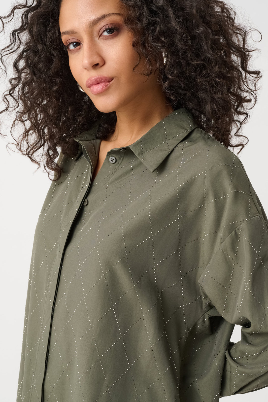 Tencel Boxy Blouse with All-Over Rhinestone Detail