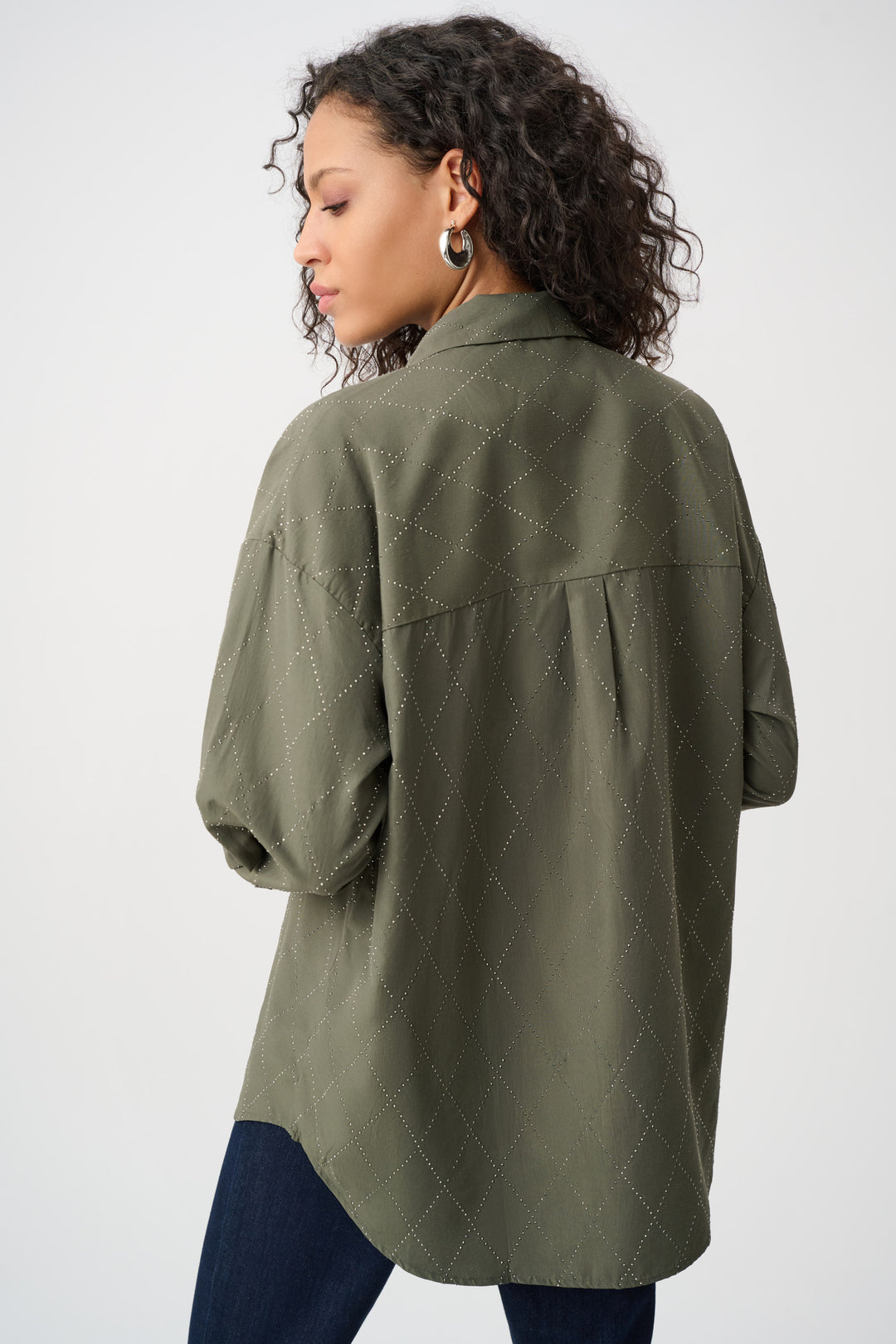 Tencel Boxy Blouse with All-Over Rhinestone Detail