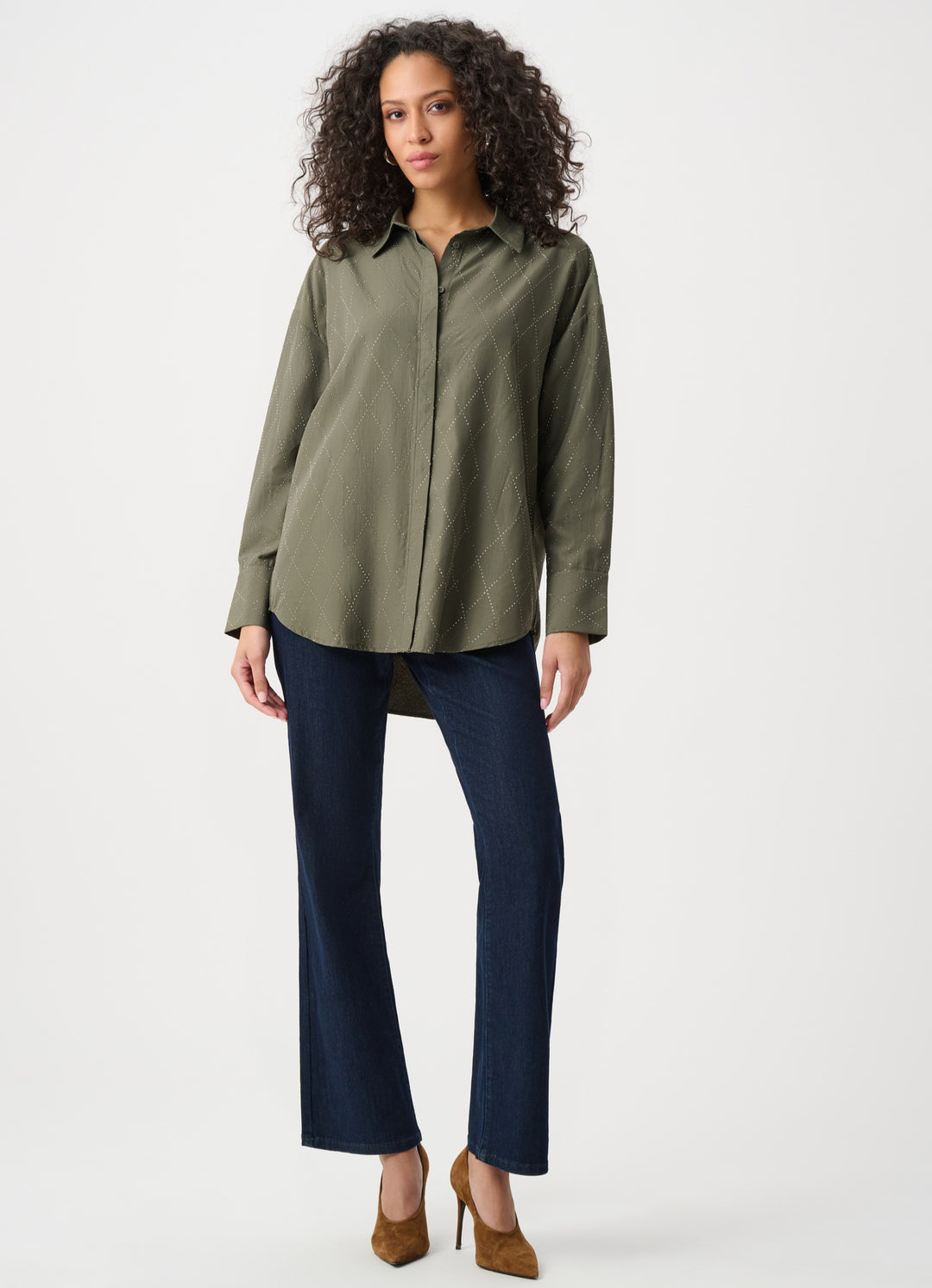 Tencel Boxy Blouse with All-Over Rhinestone Detail