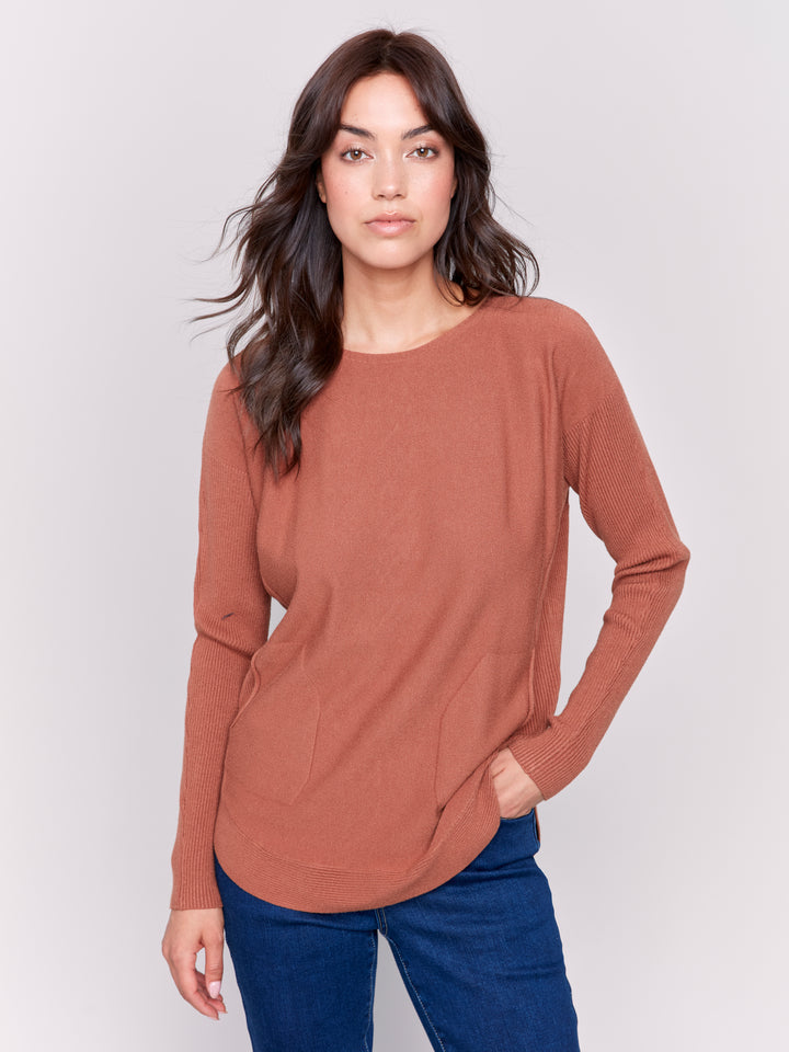 Terracotta Lace-Up Back Plushy Knit Sweater