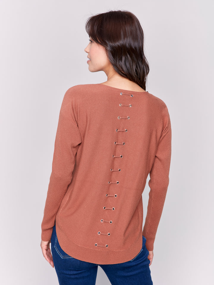 Terracotta Lace-Up Back Plushy Knit Sweater