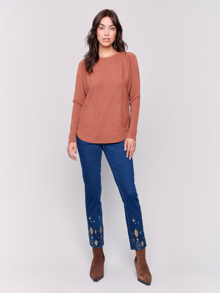 Terracotta Lace-Up Back Plushy Knit Sweater