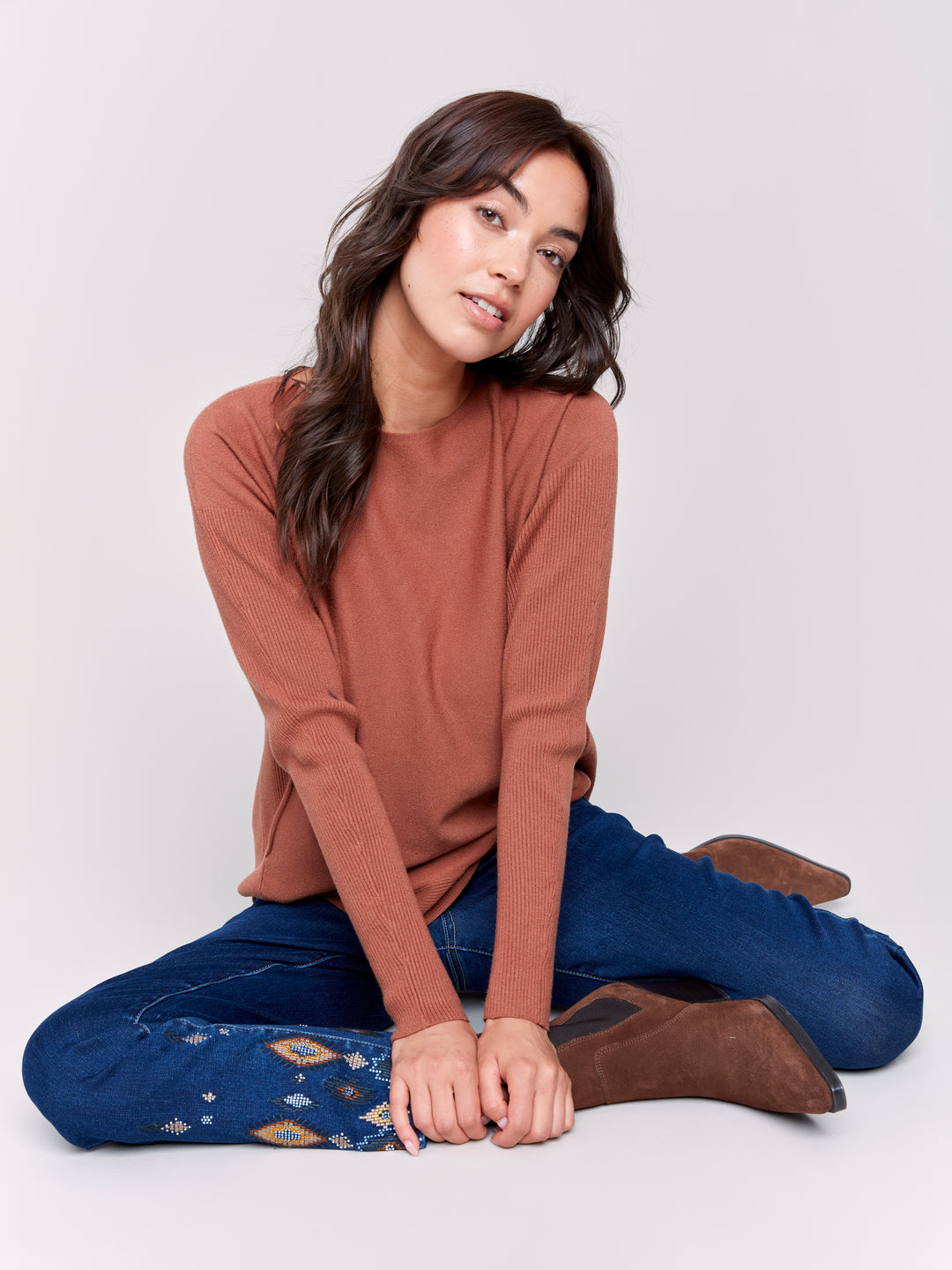 Terracotta Lace-Up Back Plushy Knit Sweater