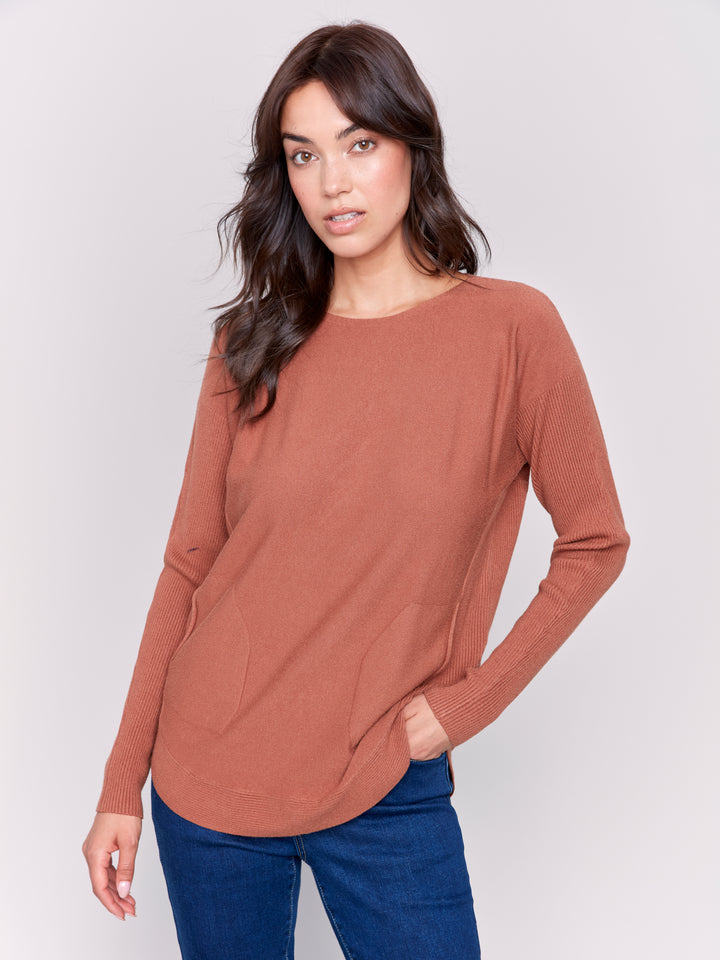 Terracotta Lace-Up Back Plushy Knit Sweater