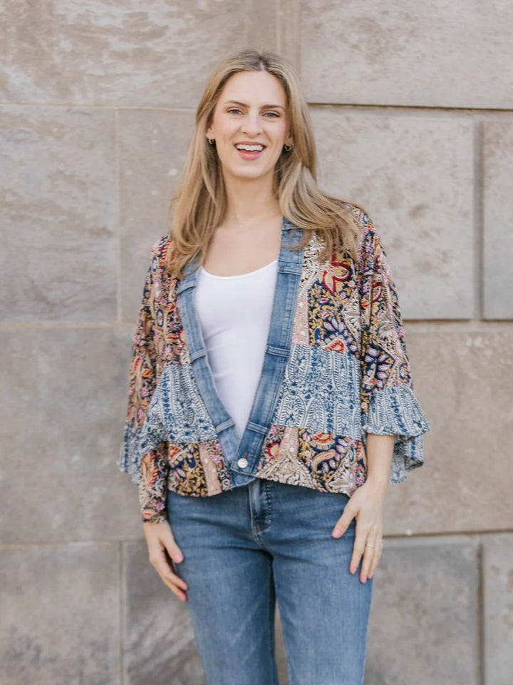 Tiffany Blue Paisley Denim Detail Short Cardigan