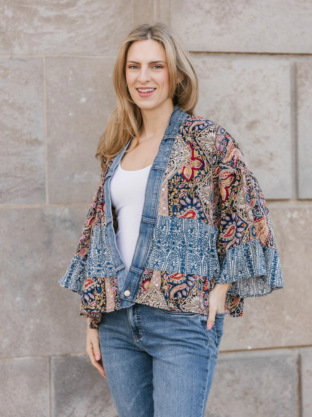 Tiffany Blue Paisley Denim Detail Short Cardigan
