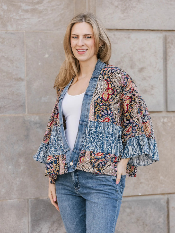 Tiffany Blue Paisley Denim Detail Short Cardigan