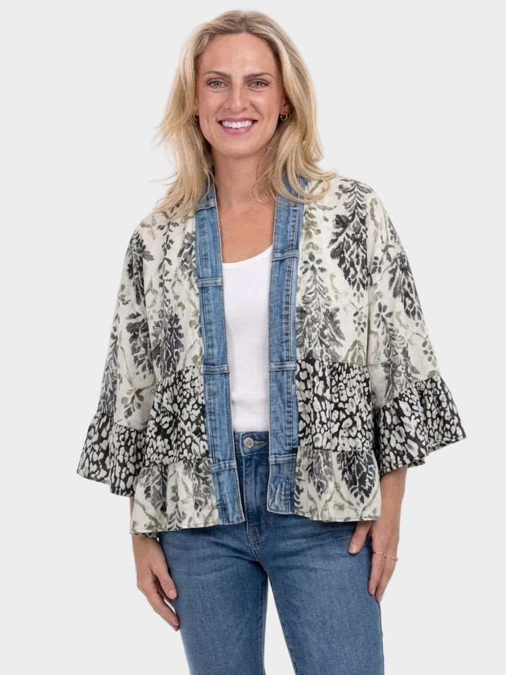Tiffany Collector Mix Denim Detail Short Kimono Cardigan