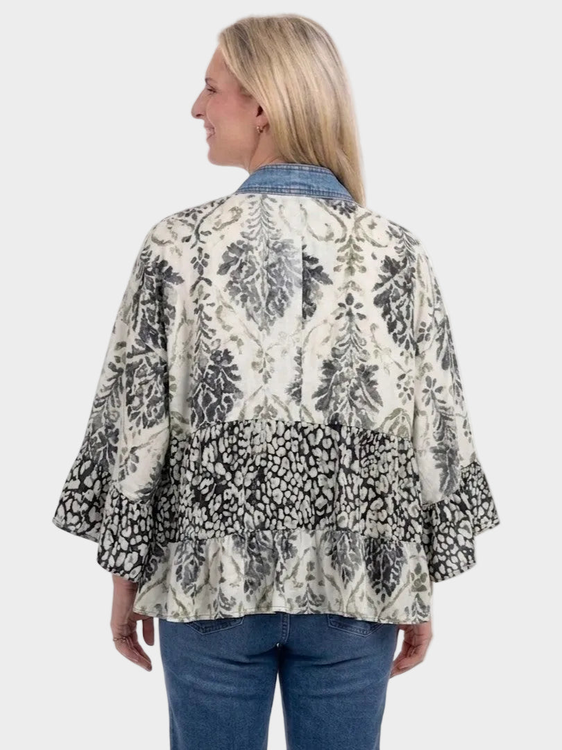 Tiffany Collector Mix Denim Detail Short Kimono Cardigan