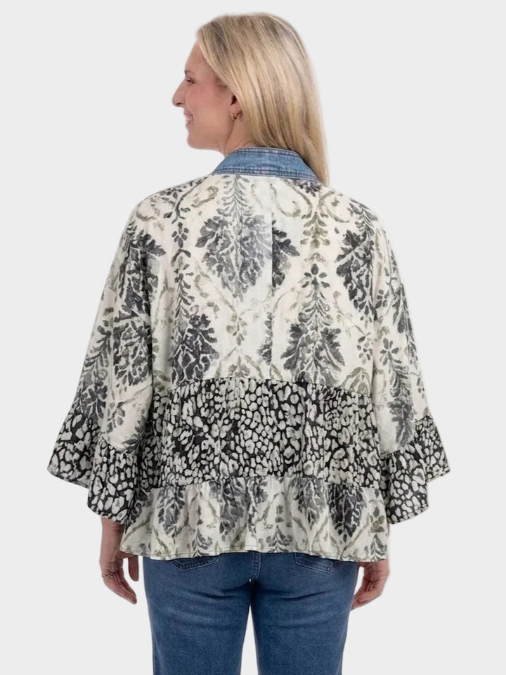 Tiffany Collector Mix Denim Detail Short Kimono Cardigan