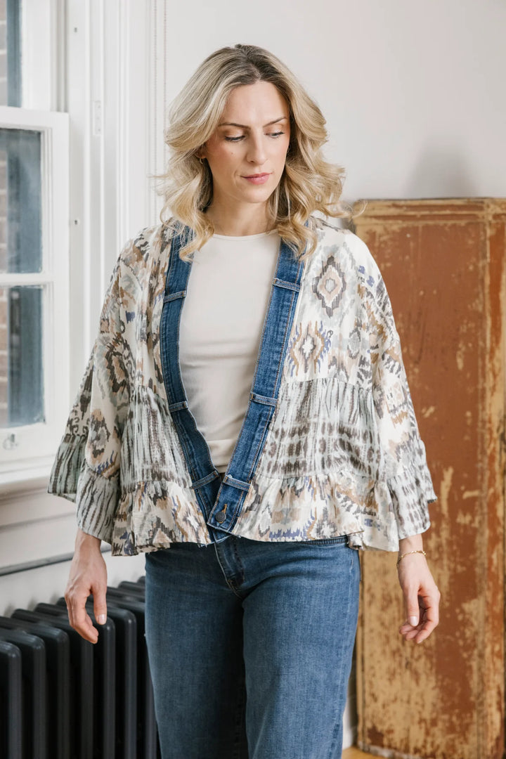Tiffany Liquid Mix Denim Detail Short Kimono Cardigan
