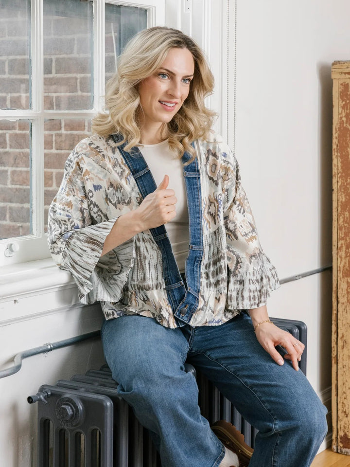 Tiffany Liquid Mix Denim Detail Short Kimono Cardigan