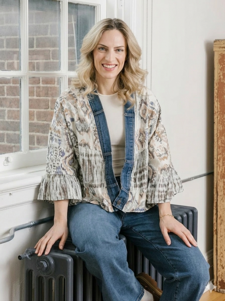 Tiffany Liquid Mix Denim Detail Short Kimono Cardigan