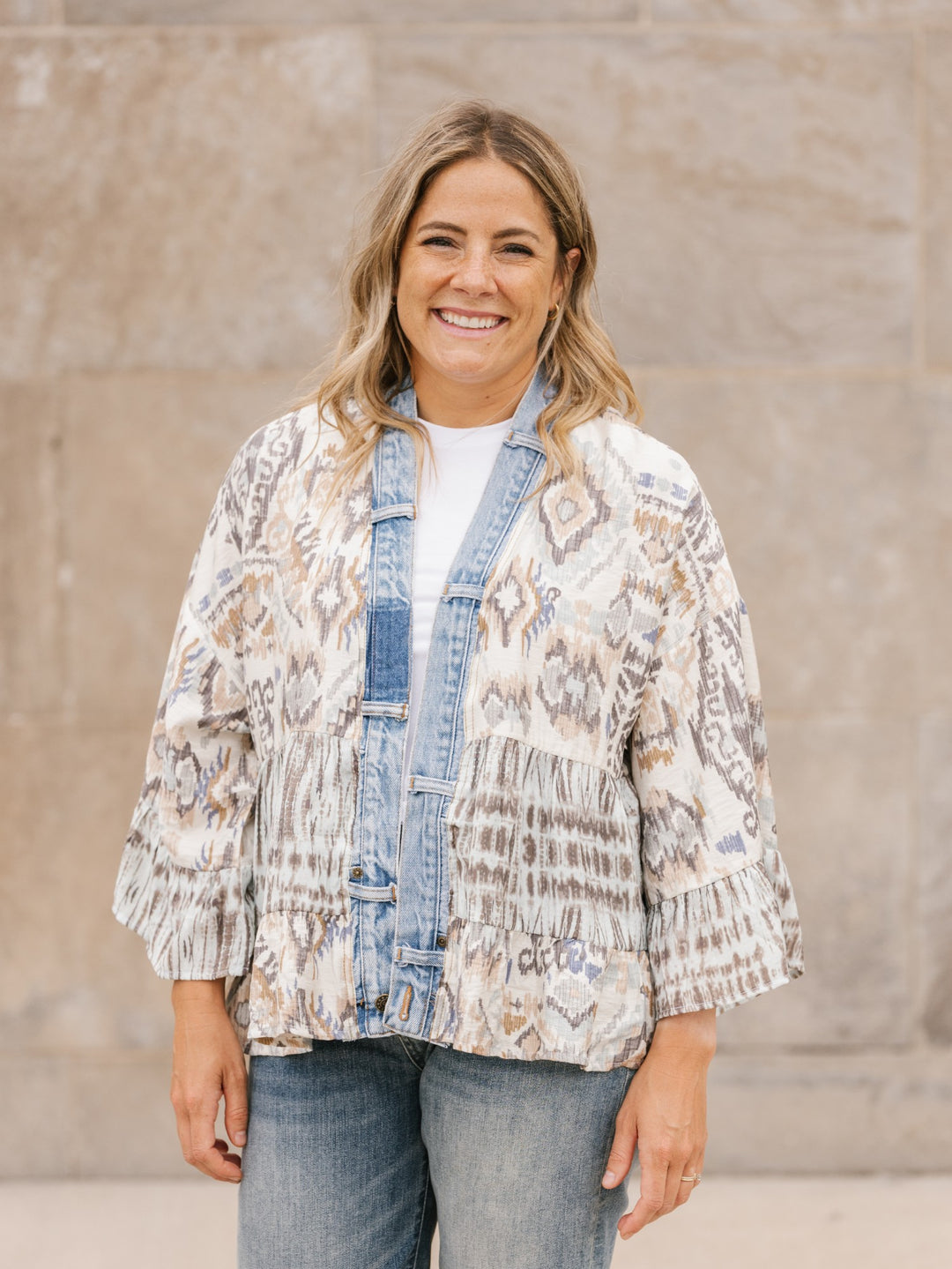 Tiffany Liquid Mix Denim Detail Short Kimono Cardigan