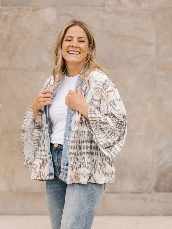 Tiffany Liquid Mix Denim Detail Short Kimono Cardigan