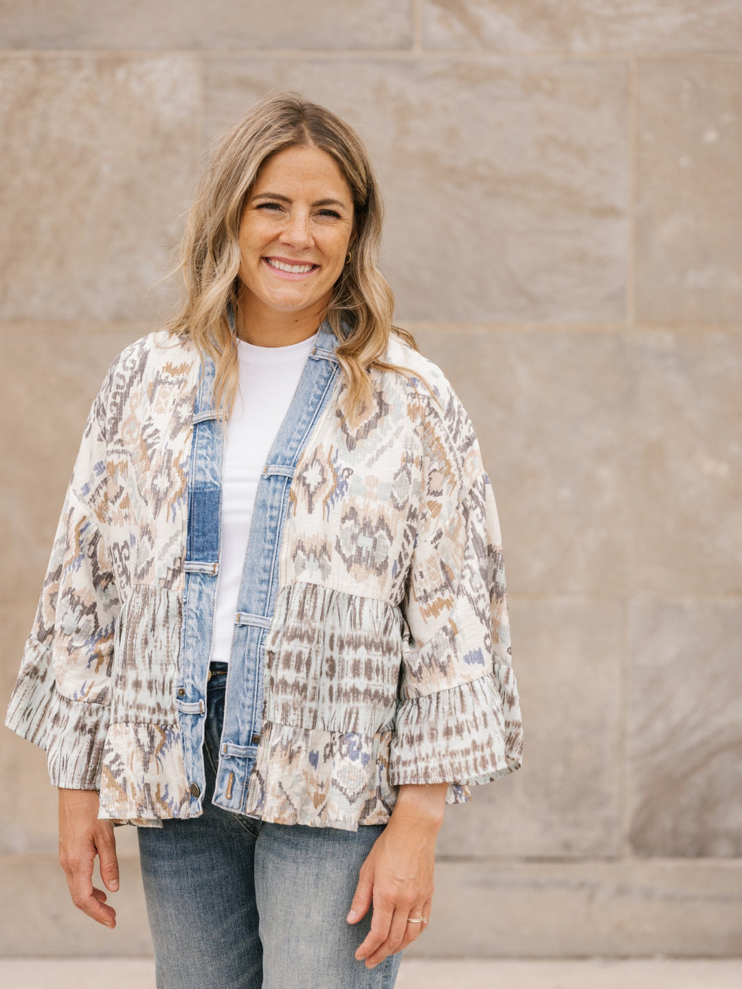 Tiffany Liquid Mix Denim Detail Short Kimono Cardigan