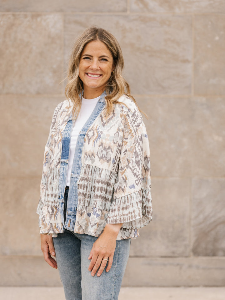 Tiffany Liquid Mix Denim Detail Short Kimono Cardigan