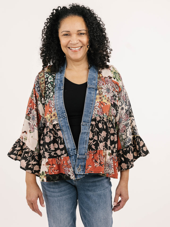 Tiffany Rust Mix Denim Detail Short Kimono Cardigan
