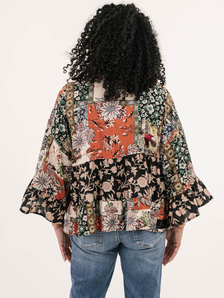 Tiffany Rust Mix Denim Detail Short Kimono Cardigan