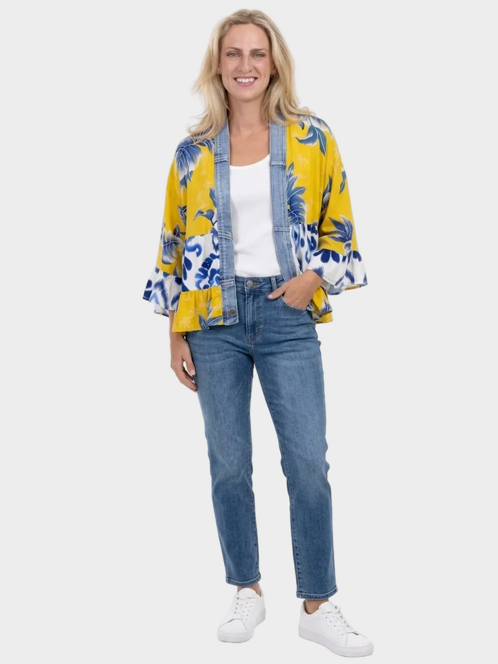 Tiffany Yellow Palm Mix Denim Detail Short Kimono Cardigan
