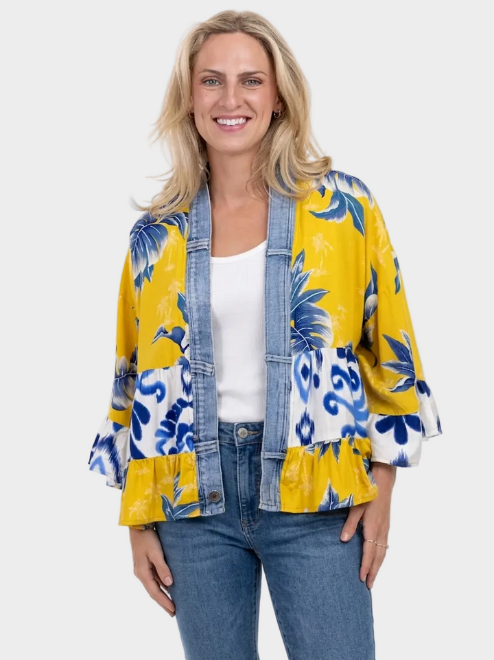 Tiffany Yellow Palm Mix Denim Detail Short Kimono Cardigan