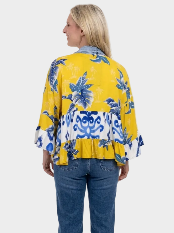 Tiffany Yellow Palm Mix Denim Detail Short Kimono Cardigan