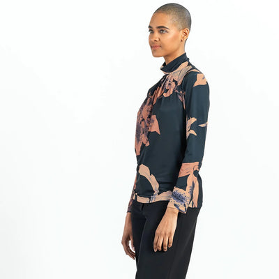 Tiger Lily Print Pleated Mock Neck Top