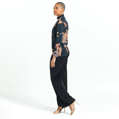Tiger Lily Print Pleated Mock Neck Top