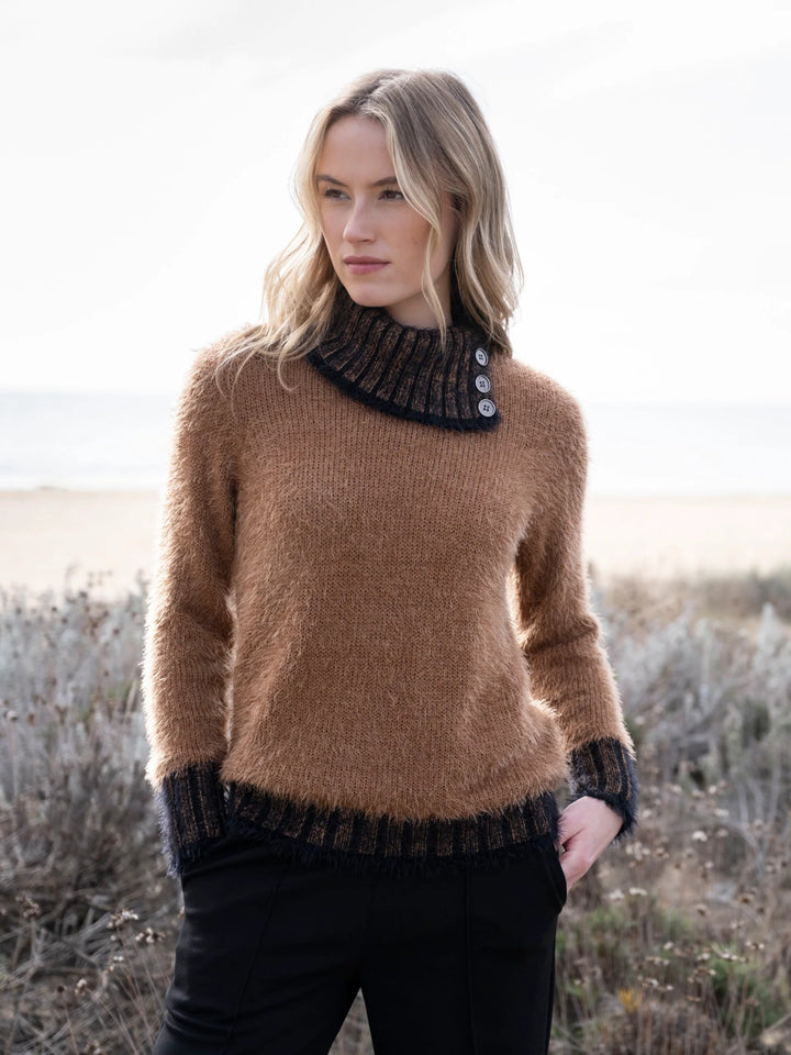 Tobacco Button Cowl Eyelash Sweater
