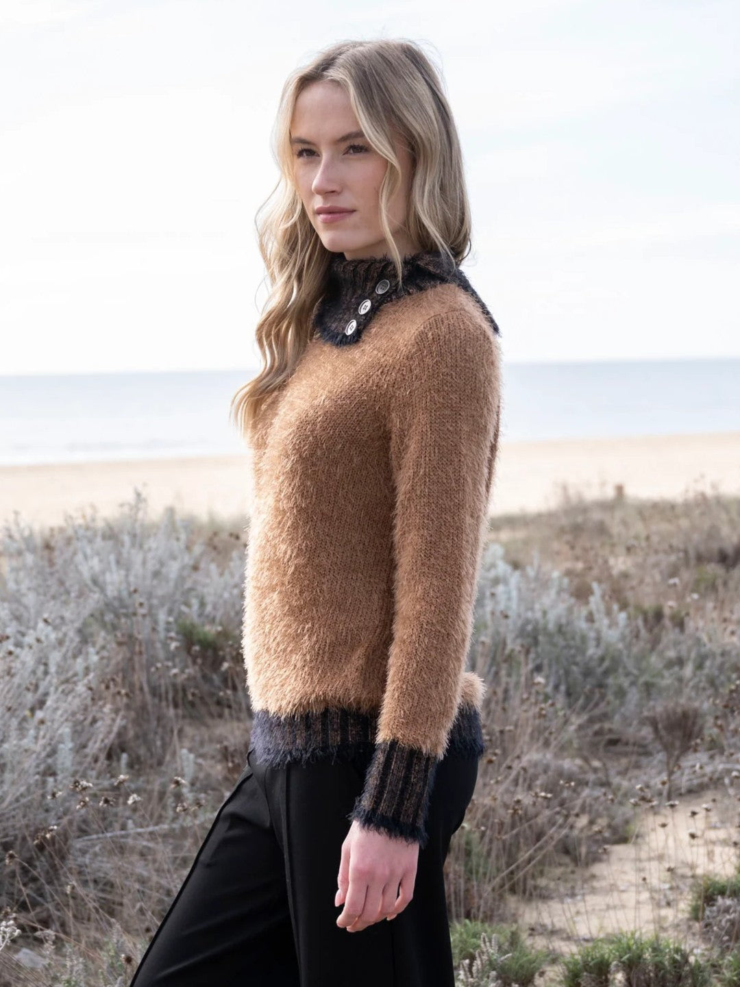 Tobacco Button Cowl Eyelash Sweater